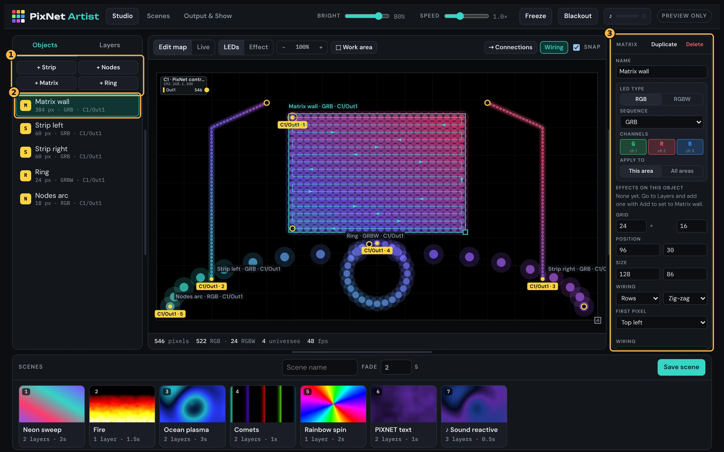 Studio screen with the add buttons, a selected matrix and its settings highlighted